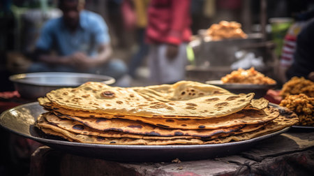 Indian street foods- whole wheat chapati or chapathi with vegetable curry, generative aiの素材