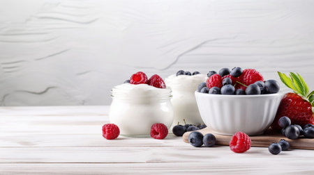 Bowl of fresh mixed berries and yogurt with farm fresh blueberries served on a wooden table, generative aiの素材