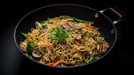 Stir fry noodles with vegetables and beef in black bowl. Slate background. Copy space. generative aiの素材