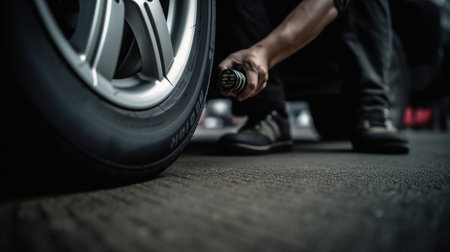 Mechanic checking tire tread depth and wear using a tire gauge, car maintenance concept, generative aiの素材