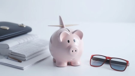 Save your money for travel. Piggy bank with coins, airplane and financial documents, generative aiの素材