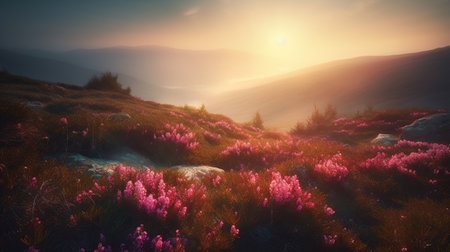 Breathtaking nature scenery during sunset. Incredible foggy morning in mountains with amazing pink rhododenndron flovers. Picture of wild area, generative aiの素材