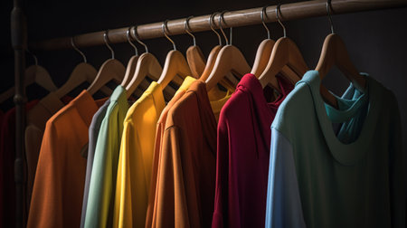 Choice of fashion clothes of different colors on wooden hangers, generative aiの素材