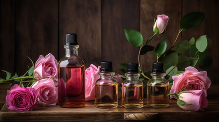 The Essence of Serenity - Bottles of Rose Oil and Fresh Flowers on a Wooden Table, generative aiの素材