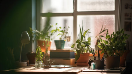 Desk of free space with green plant and window of spring time, generative aiの素材