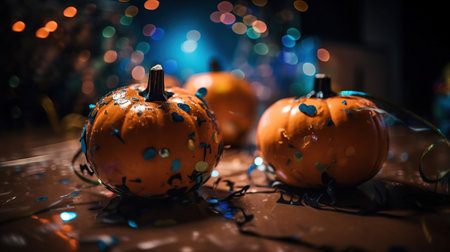 Halloween pumpkins on dark background with lights. Happy Halloween concept. Selective focus, generative aiの素材