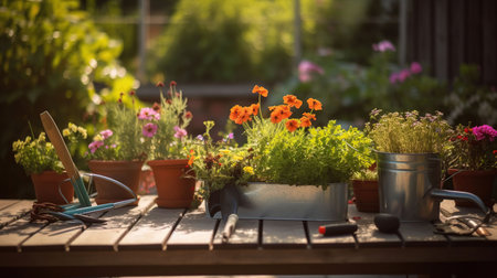 Gardening tools and flowers on the terrace in the garden, generative aiの素材