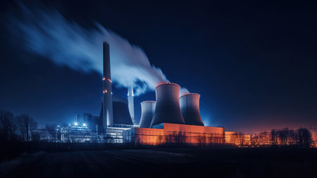A large brown coal power station with night blue sky and steam, generative aiの素材