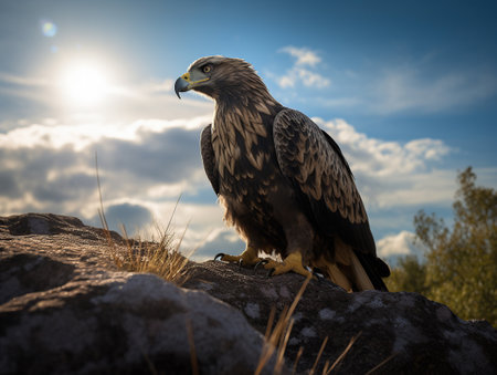 An eagle with golden feathers and blue eyes standing on a rock, the sun behind the clouds in the blue sky / shadow of the eagle on the ground, generative aiの素材