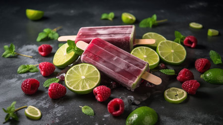 Cucumber lime spa healthy popsicles with fresh raspberries, generative aiの素材