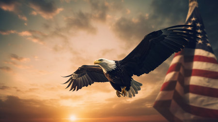 Eagle With American Flag Flies In Freedom At Sunset - Vintage Toned, generative aiの素材
