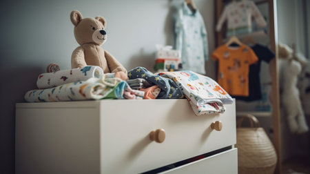 Baby clothes and rattle on wooden chest of drawers in childrens room, generative aiの素材