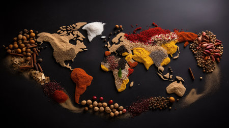 World map made of different spices on grey background, Top View, generative aiの素材