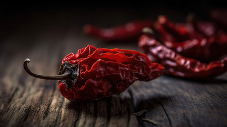 Red dried pepper on a dark wooden background. Selective focus, generative aiの素材