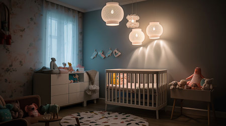 Cute Interior of light children's room with baby bodysuits, lamp and tableの素材