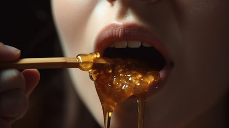 Honey dripping from honey dipper on girl lips. Beauty model woman open mouth, model eating nectar. Healthy food concept, diet, dessert, generative aiの素材