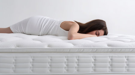 Young woman lying on soft mattress against white background, generative aiの素材