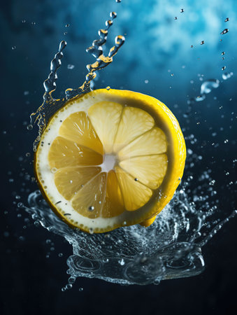 Splash of sliced lemon with water drops over blue background, generative aiの素材