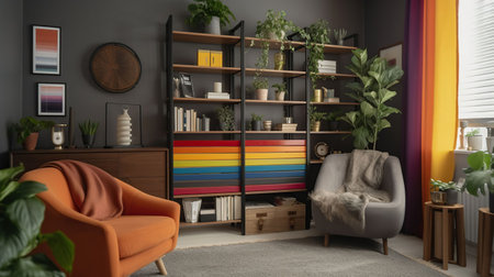 Interior of living room with shelving unit, houseplants, armchair and rainbow flags, generative aiの素材