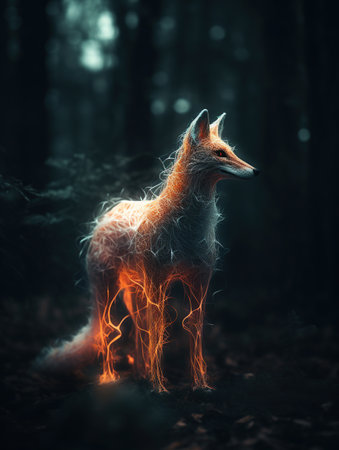 Magic fox with transparent glowing shining body in a dark ominous forest, magic glow and shine, illustration, generative aiの素材