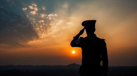 Silhouette of soldier saluting on a background of sunset or the sunrise. Greeting card for Independence day, Republic Day. India celebration, generative aiの素材