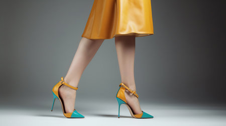 Beautiful female legs wearing summer shoes in brown yellow designers dress and blue mint woman clutch, generative aiの素材