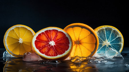 Fresh slices of citrus fruits frozen in ice on black background, generative aiの素材