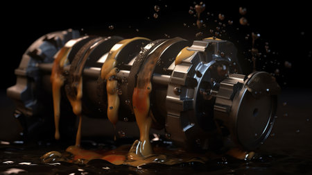 3d illustration of engine. Motor parts as crankshaft, pistons with motor oil splash, generative aiの素材