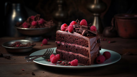 Chocolate cake with raspberry on plate. Slice of cake. Raspberry cake. Wedding dessert. Black forest cake. Generative aiの素材