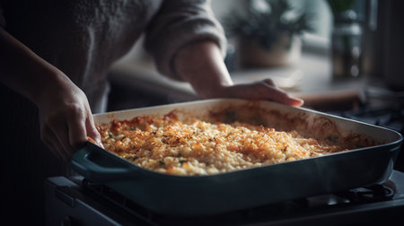 Woman taking baking dish with tasty rice casserole out of oven, generative aiの素材