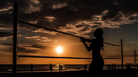 Beach volleyball with sunset background, generative aiの素材