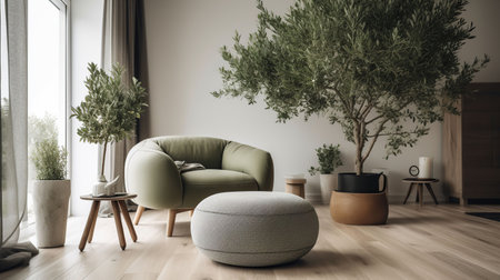 Grey armchair, knitted pouf and olive tree in light living room, generative aiの素材