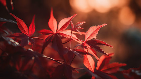 Red Leaves At Sunset With Defocused Lights - Abstract Autumn Background, generative aiの素材