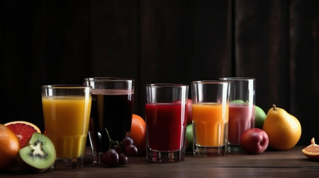 Glasses with different juices and fresh fruits on table, generative aiの素材