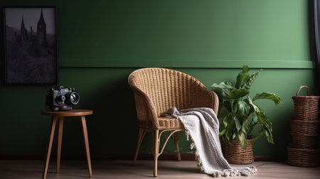Comfortable wicker armchair with plaid and table near green wall. Banner for design, generative aiの素材