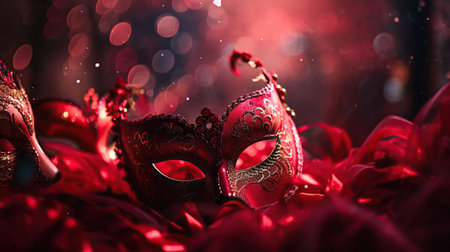 Carnival Party - Venetian Masks On Red Glitter With Shiny Streamers On Abstract Defocused Bokeh Lights, generative aiの素材