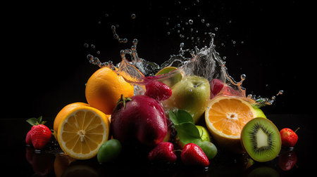 water splash, fruit on a black background wine, apricot and peach, generative aiの素材