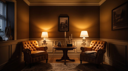 Stylish and design composition of Interior of light living room with lamps, armchair and commode, generative aiの素材