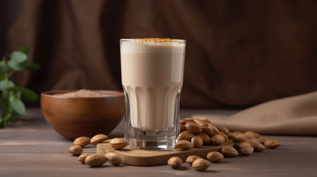 Glass of tasty latte with nuts on beige background, generative aiの素材