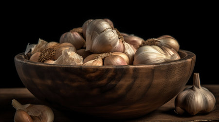 Garlic Cloves and Bulb in vintage wooden bowl, black baground, generative aiの素材