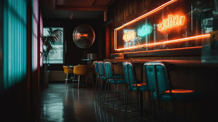 Beautiful interior of cafe wiith neon sign on wall, generative aiの素材