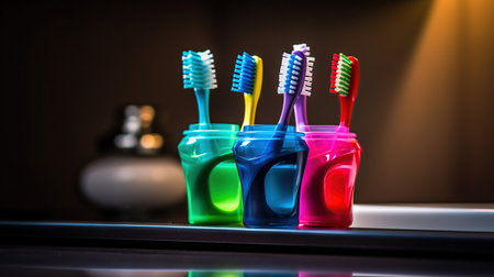 Toothbrush holder with toothbrushes and toothpaste, dental hygiene concept, generative aiの素材