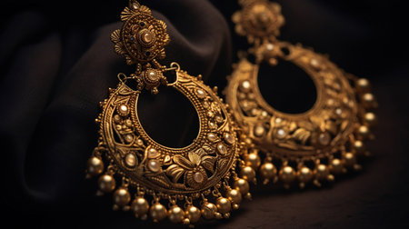 Beautiful Indian Antique Golden pair of earrings, Luxury female jewelry, Indian traditional jewellery,Indian jewelry Bridal earrings wedding jewellery heavy party earrings, generative aiの素材