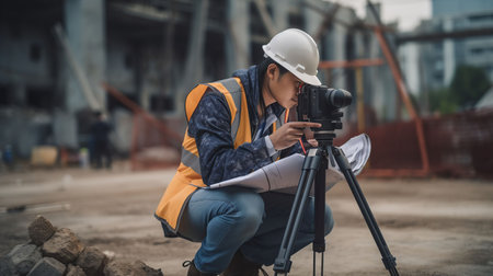 Smart civil architect engineer inspecting and working outdoors structure building site with blueprints. engineering and architecture concept, generative aiの素材
