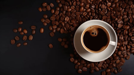 Roasted coffee beans, brown sugar and cup of hot espresso coffee. Top view flat lay with copy space, generative aiの素材