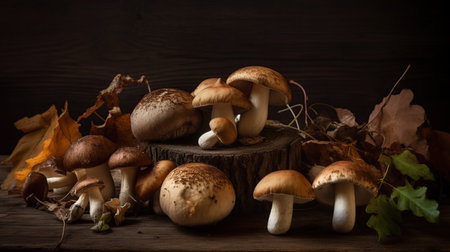 Variety of uncooked wild forest mushrooms yellow boletus, birch mushrooms, russules over dark textured background. Rustic style, natural day light. Generative aiの素材