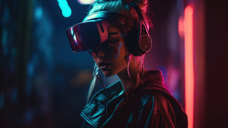 Cyberpunk woman with VR and portrait futuristic neon style, generative aiの素材
