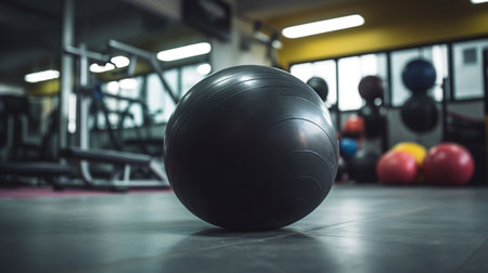 Different sports equipment and fitness ball in gym, generative aiの素材