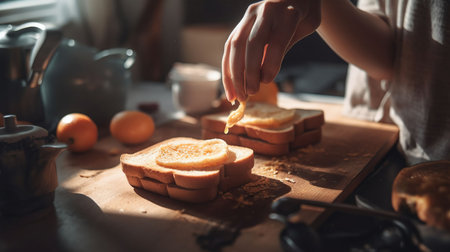 Beautiful young woman making tasty toasts in kitchen, with many topping, generative aiの素材