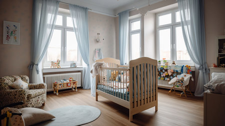 Modern room interior with big bed and comfortable baby crib, generative aiの素材